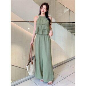 2pcs/Set Women Plain Sleeveless Top And Wide Leg Pants